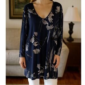 Clara Sun Woo Floral Tunic Womens Size 2X Navy V-Neck Long Sleeve Lagenlook Top